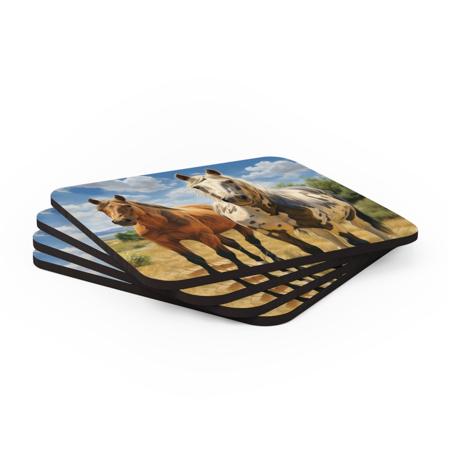 Horses on Sunny Ranch Corkwood Coaster Set of 4