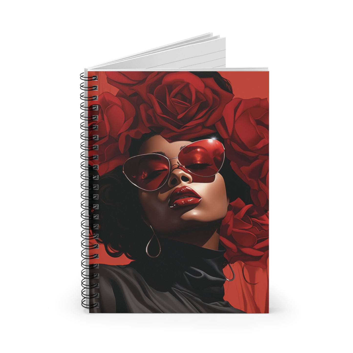 Beautiful Black Woman With Red Flowers Spiral Notebook