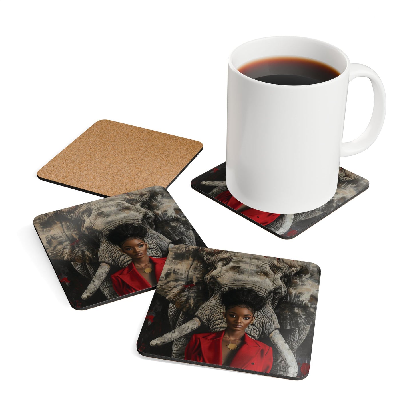 Diva and a Protective Elephant Corkwood Coaster Set of 4