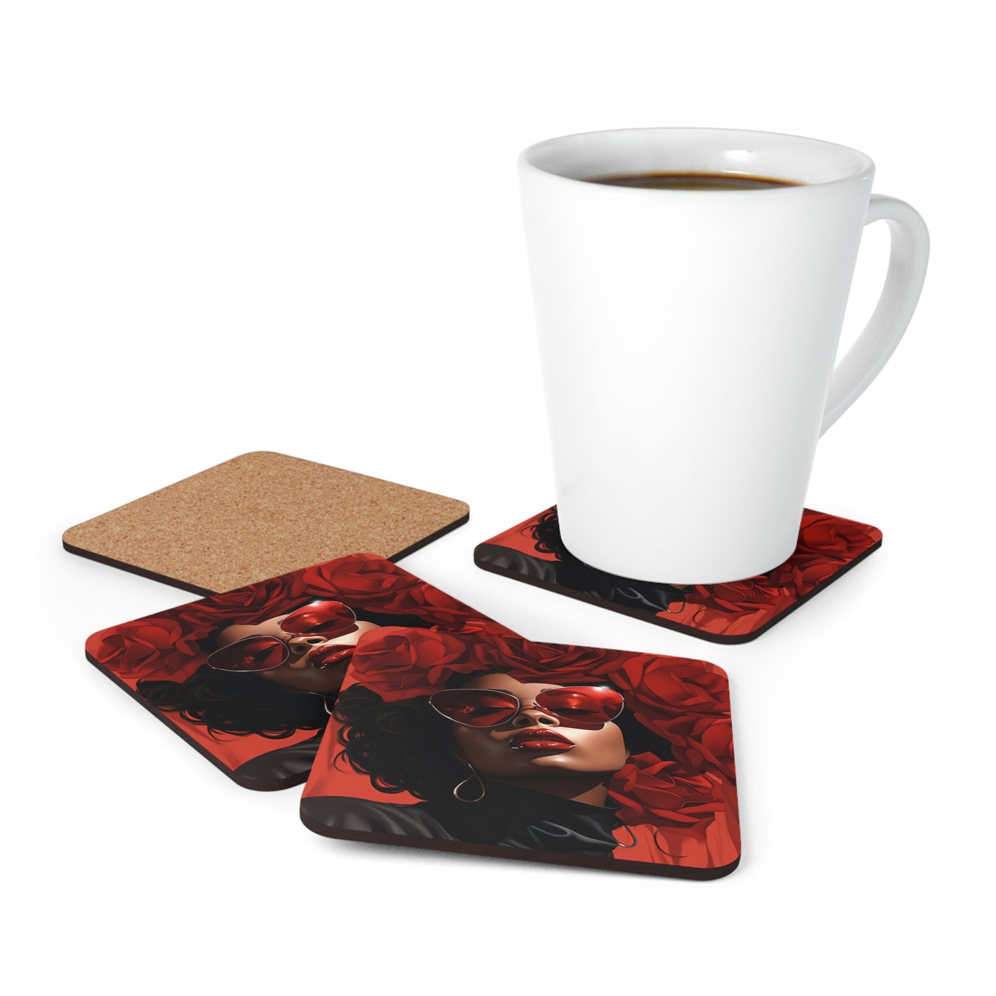 Beautiful Black Woman With Red Flowers Corkwood Coaster Set of 4