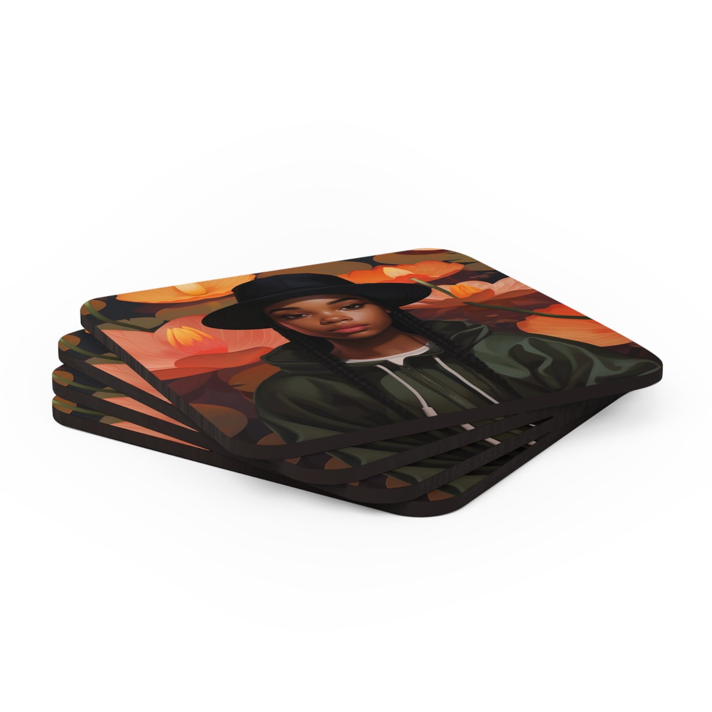 Lotus Black Woman Corkwood Coaster Set