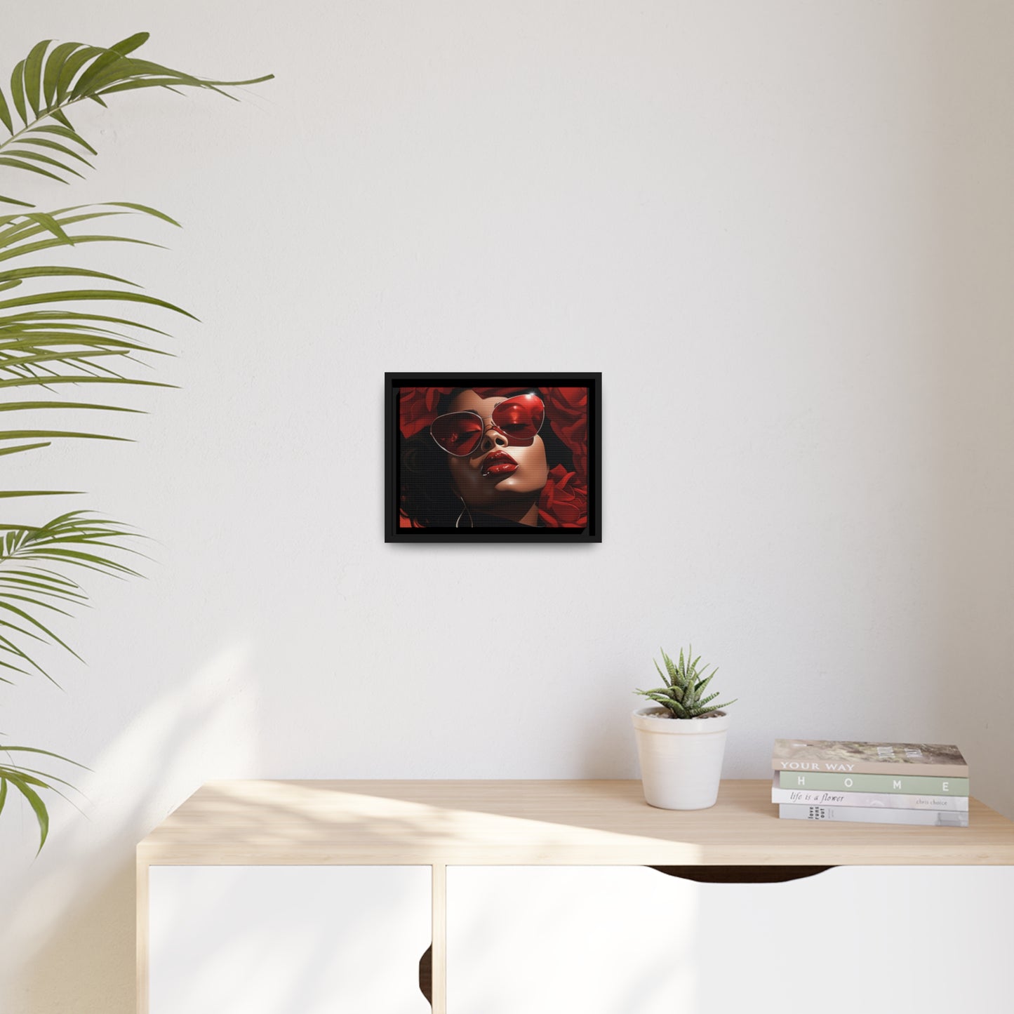 Beautiful Black Woman With Red Flowers Canvas With Black Frame