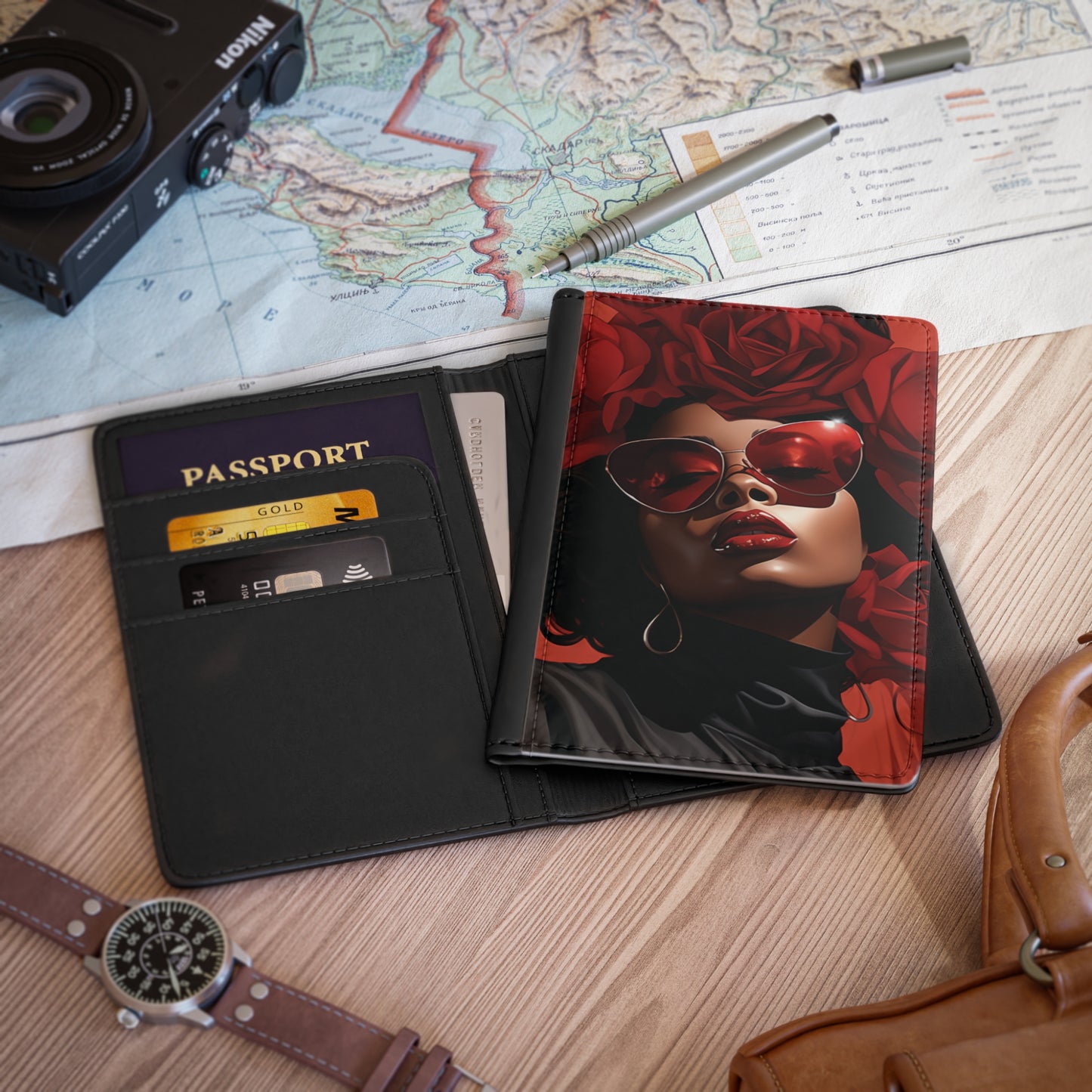Beautiful Black Woman With Red Flowers Passport Holder