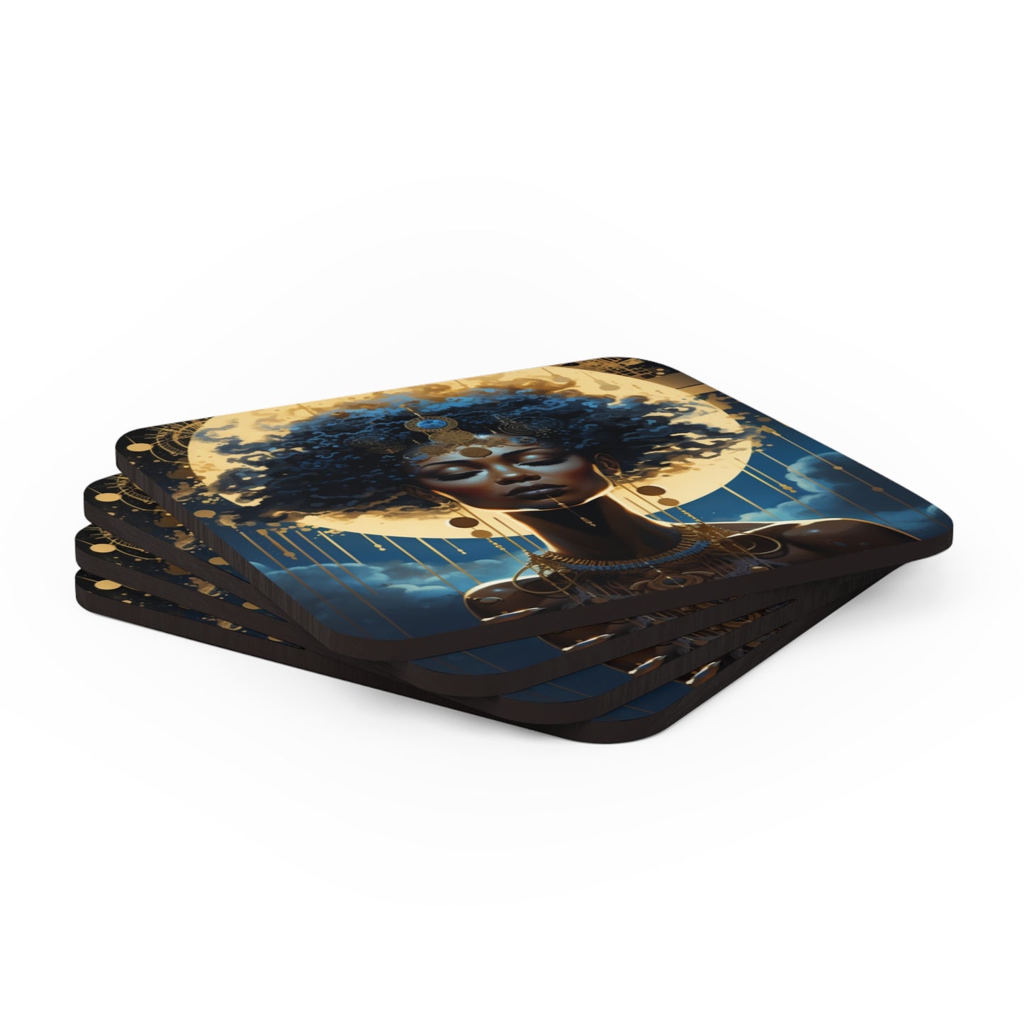 Blue Futurisic Black Woman Corkwood Coaster Set of 4