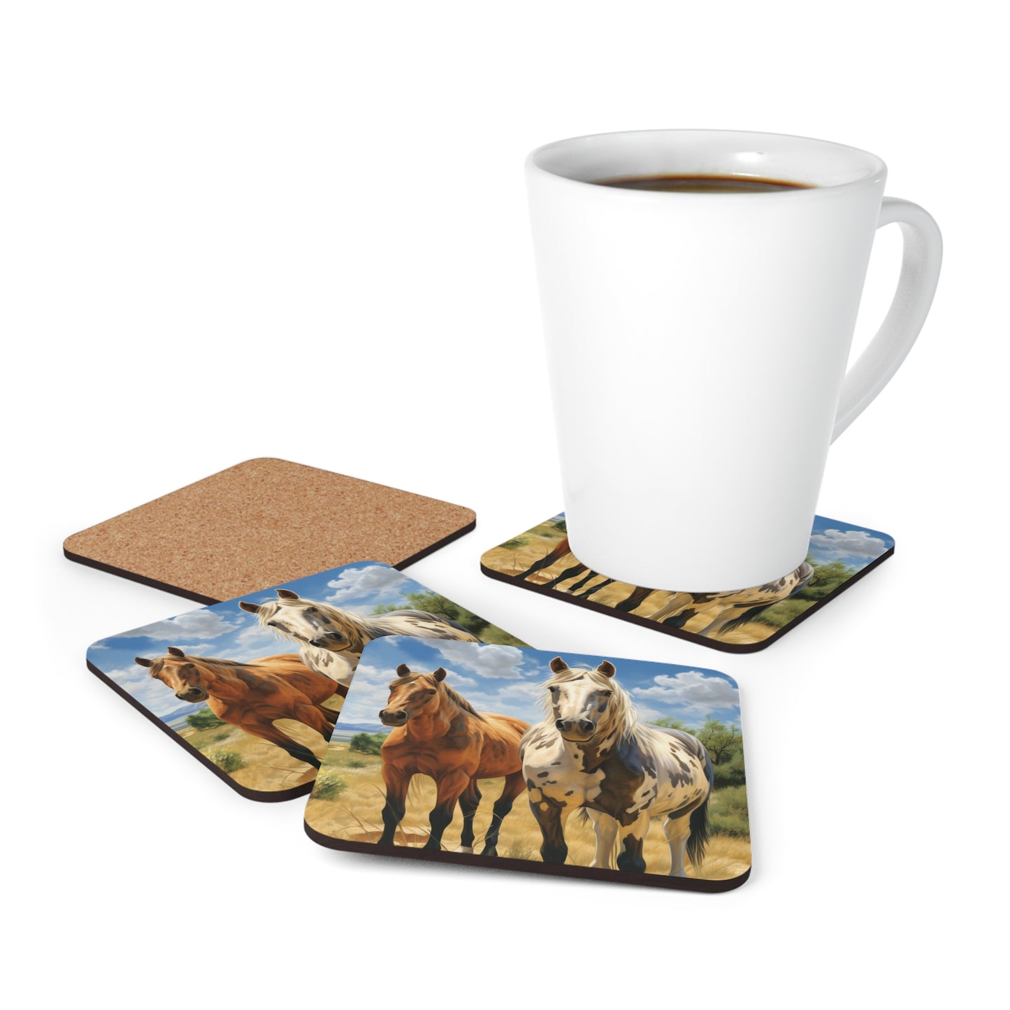 Horses on Sunny Ranch Corkwood Coaster Set of 4