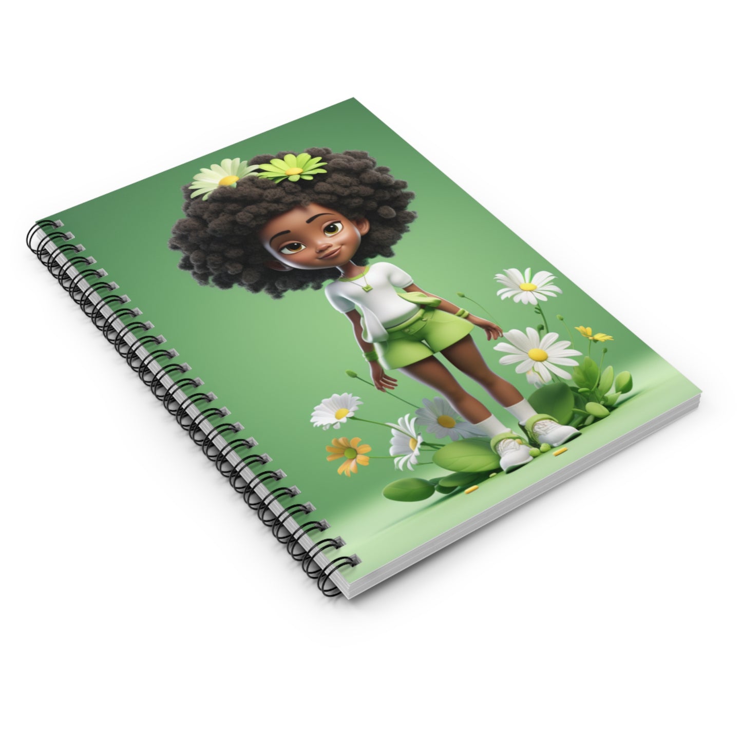 Black Fairy Girl With Green Flowers Spiral Notebook (Ruled Line)
