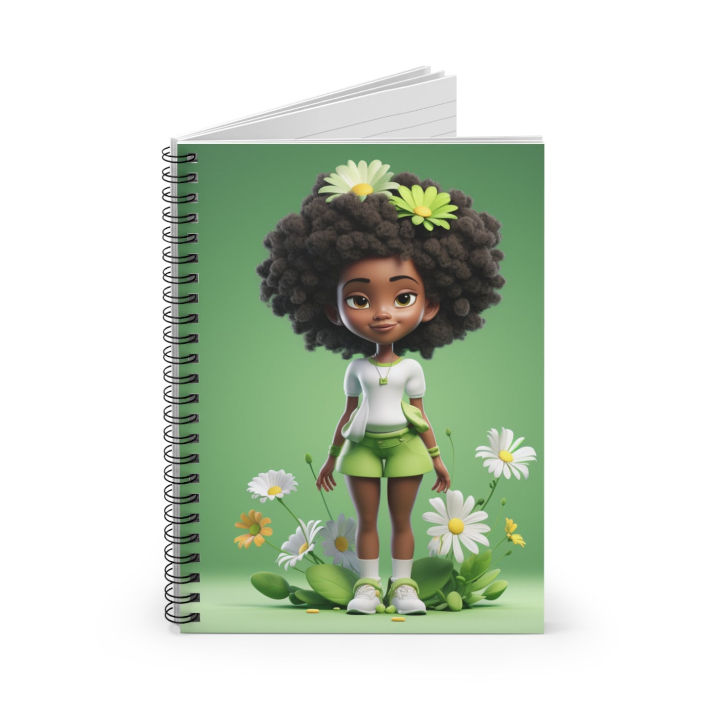 Black Fairy Girl With Green Flowers Spiral Notebook (Ruled Line)