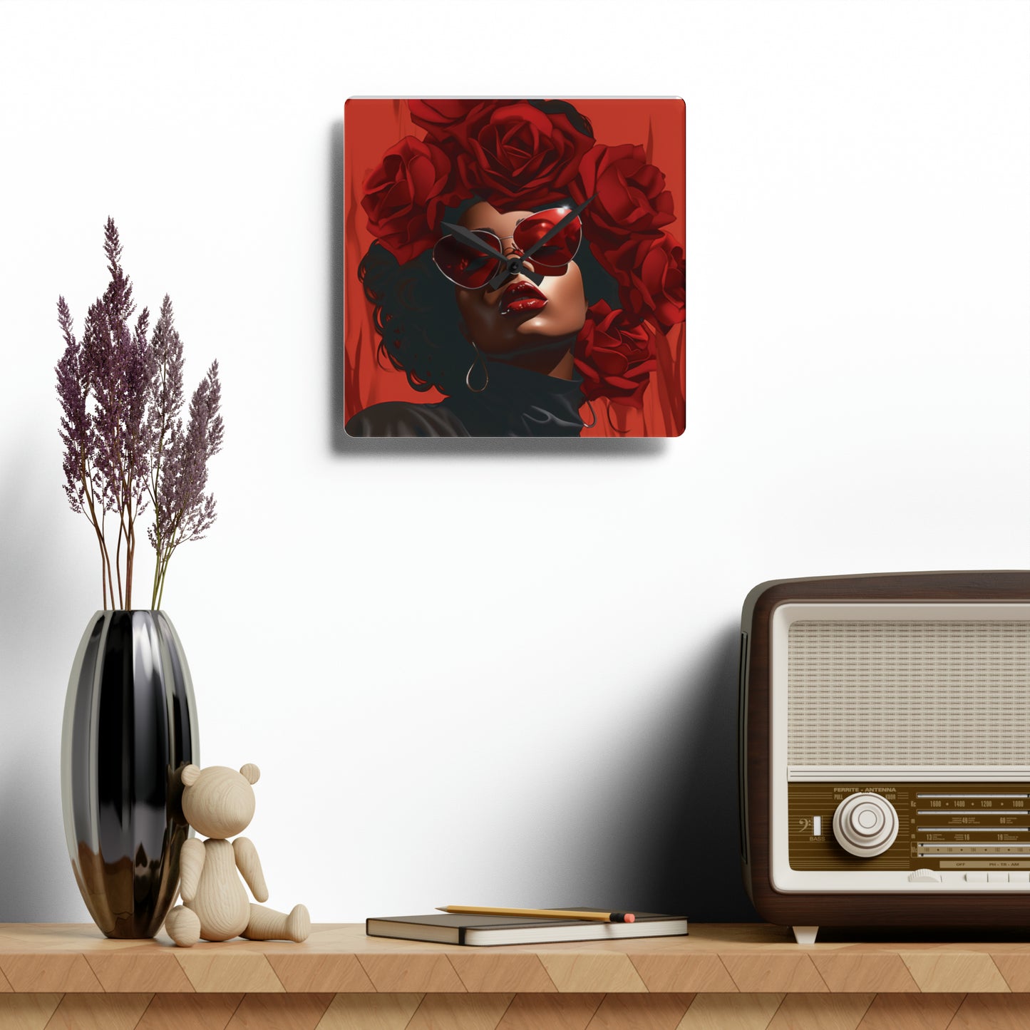 Beautiful Black Woman With Red Flowers Acrylic Wall Clock