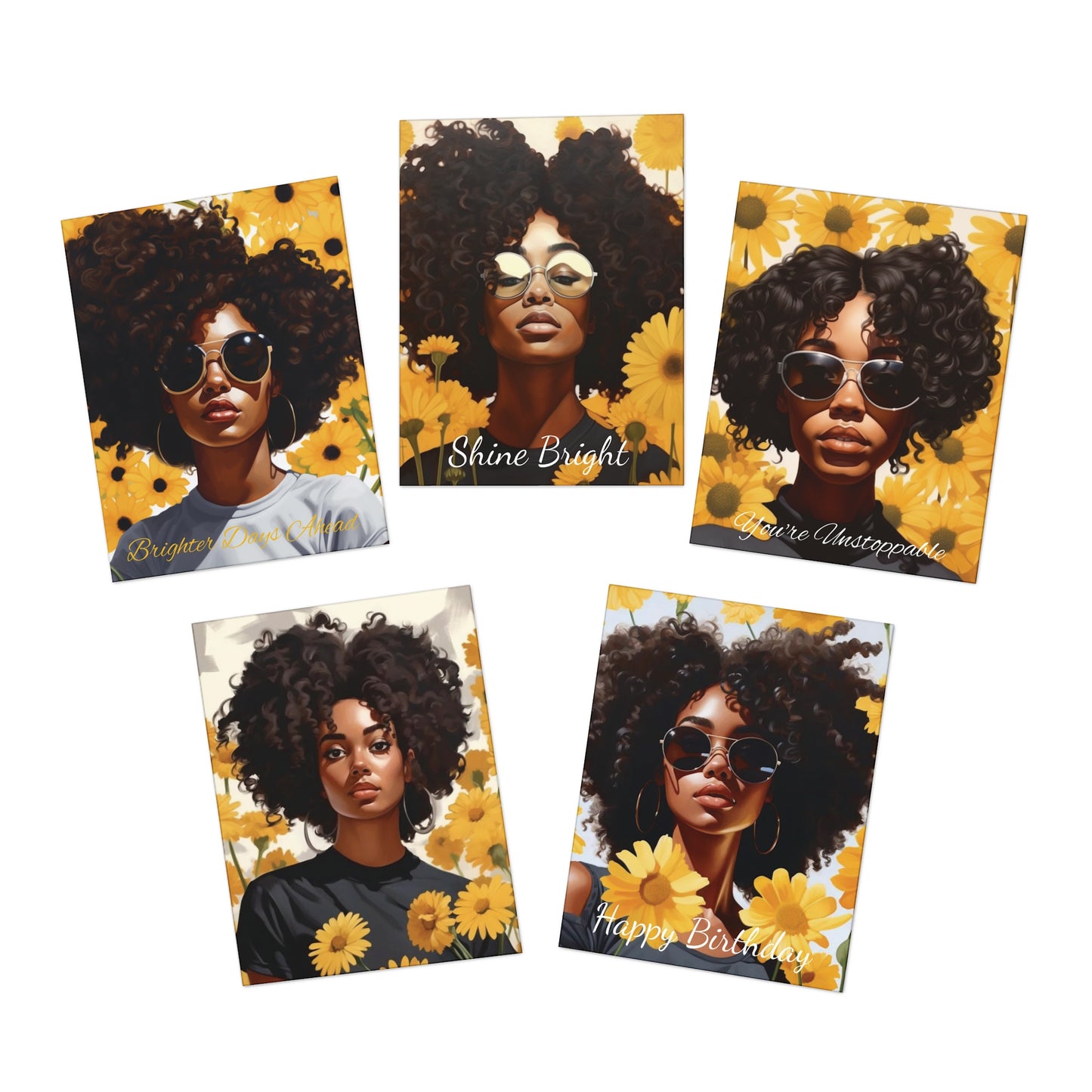 Beauty Unbound with Daisies Greeting Cards (5-Pack: included 1 - blank, 1 - happy birthday, 3 - support/encouragement)