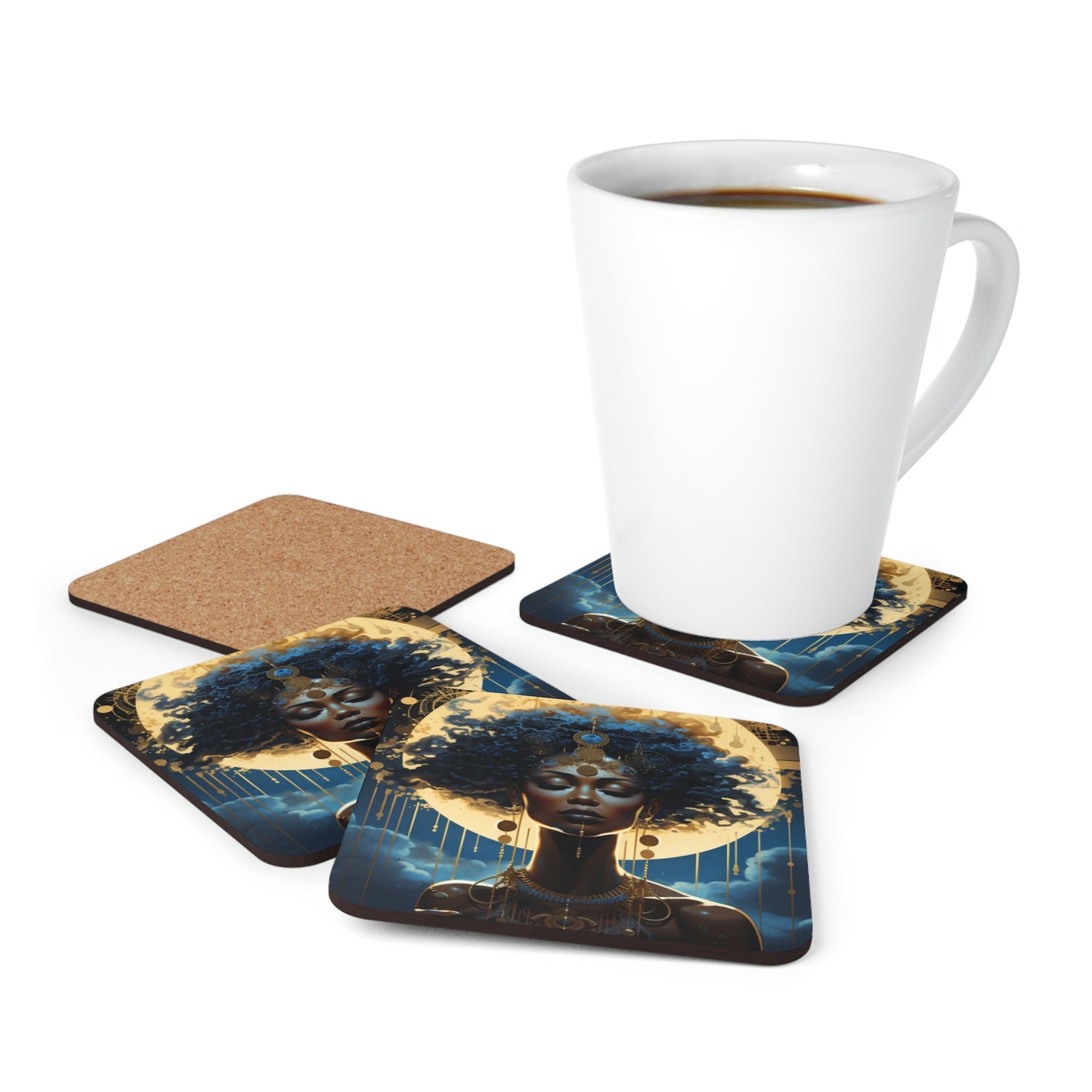 Blue Futurisic Black Woman Corkwood Coaster Set of 4