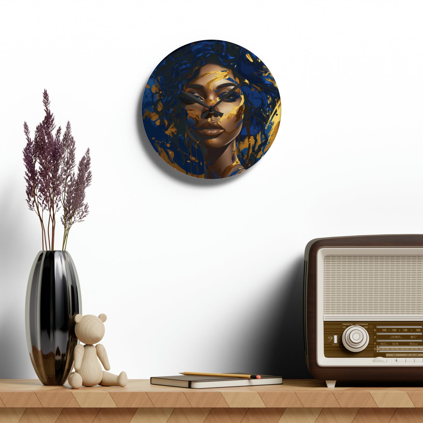Stunning in Blue and Gold Black Woman Acrylic Wall Clock