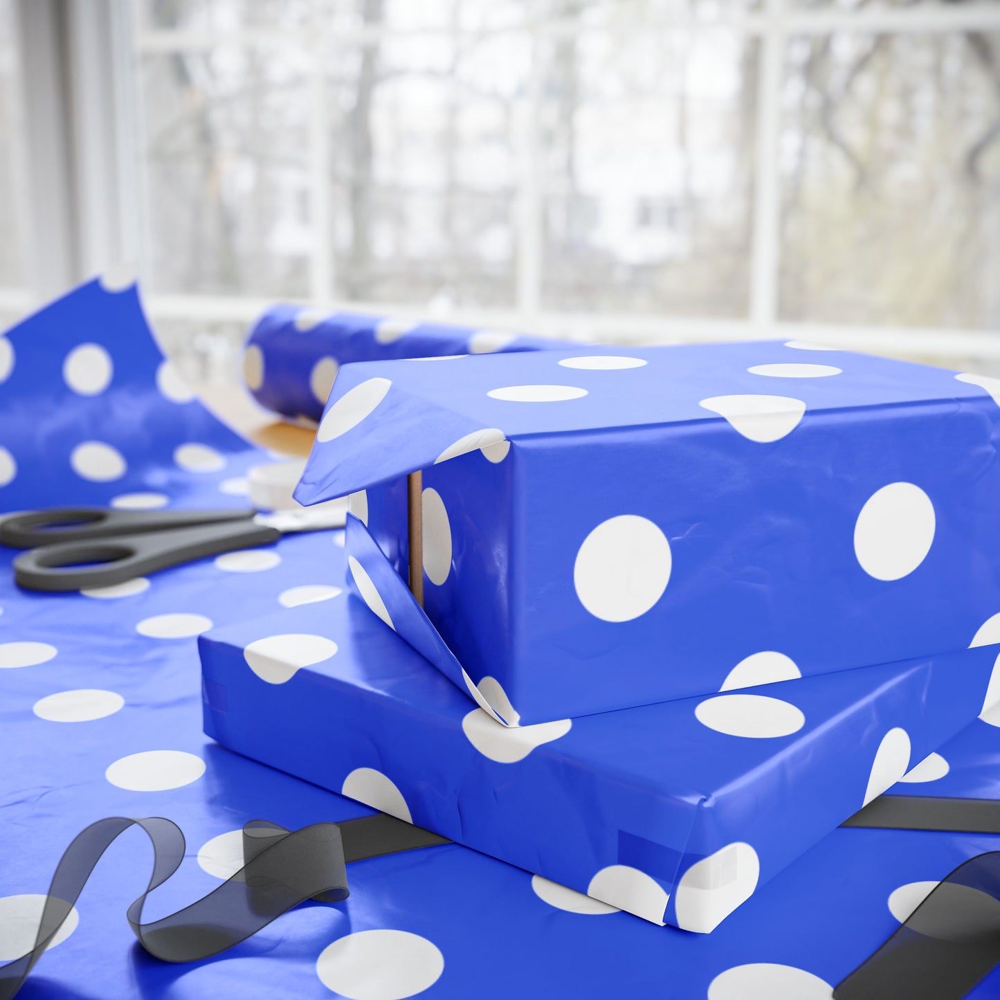 Blue and White Polka Dots Wrapping Paper Roll — Metallic Gift Wrap for Holidays & Weddings