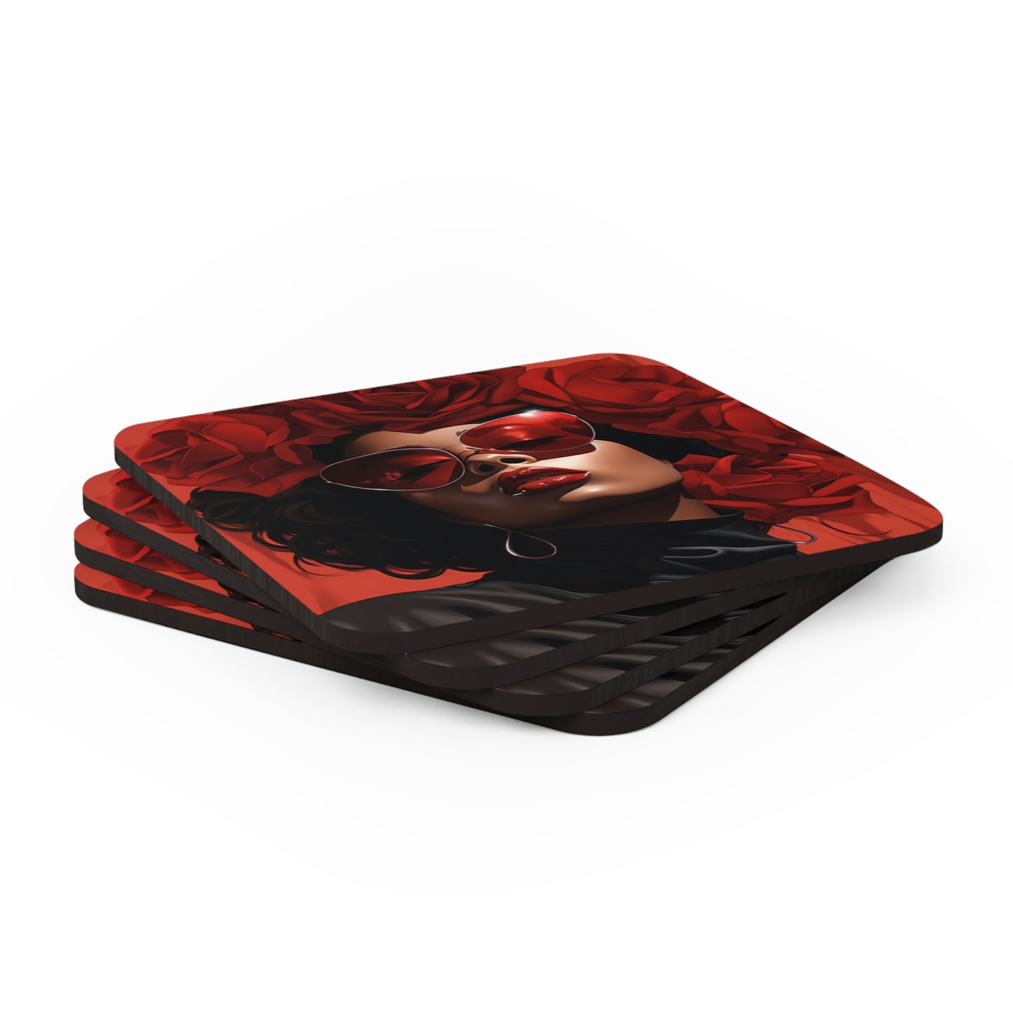 Beautiful Black Woman With Red Flowers Corkwood Coaster Set of 4