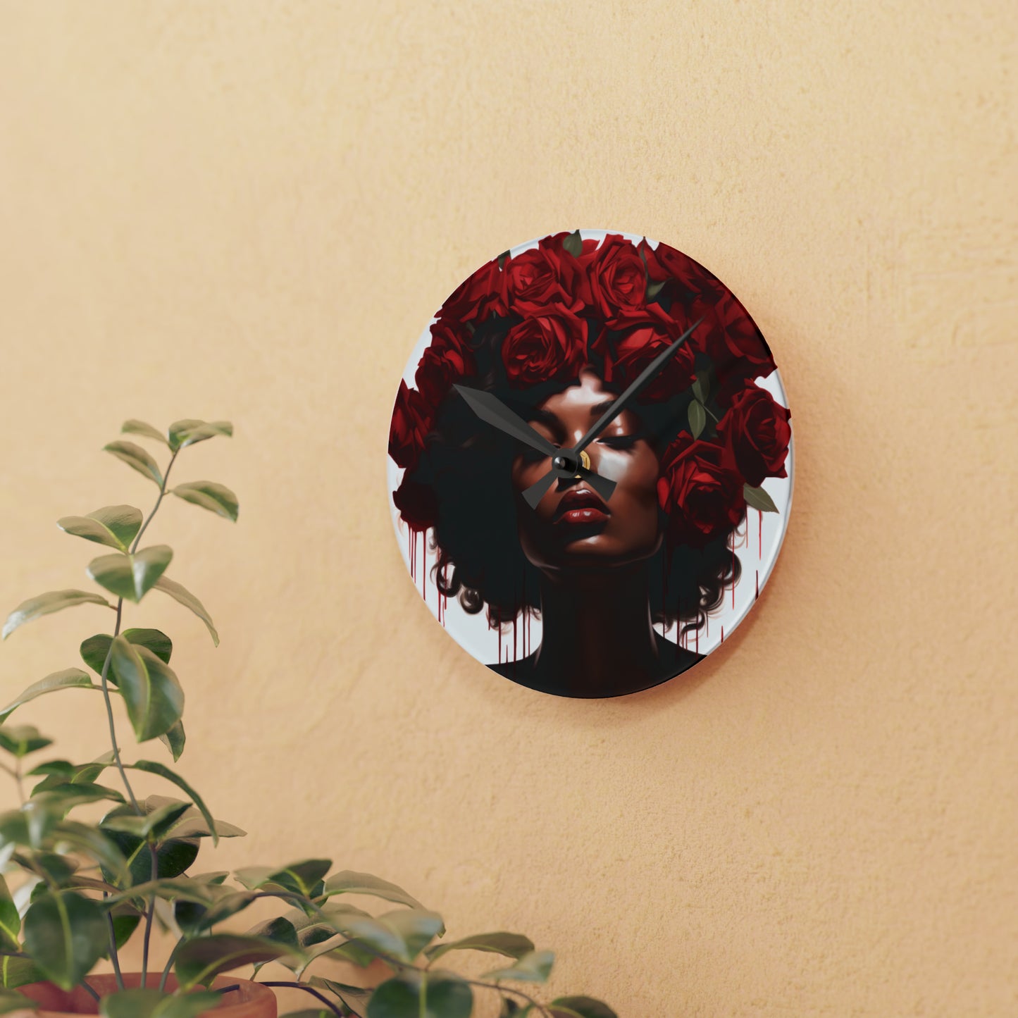 Beautiful Black Woman With Red Flowers Acrylic Wall Clock