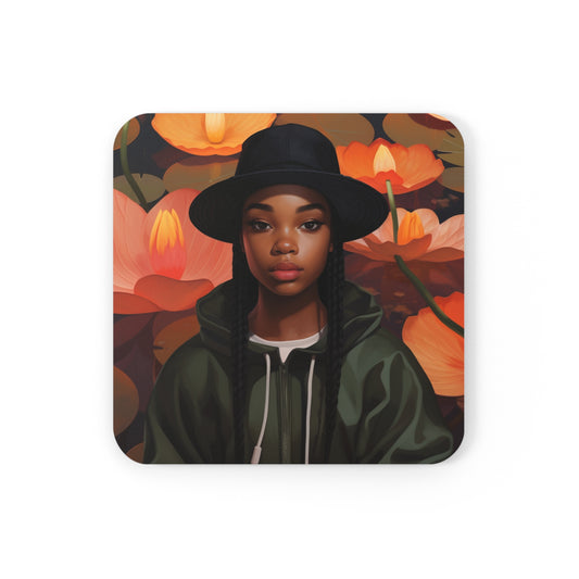 Lotus Black Woman Corkwood Coaster Set