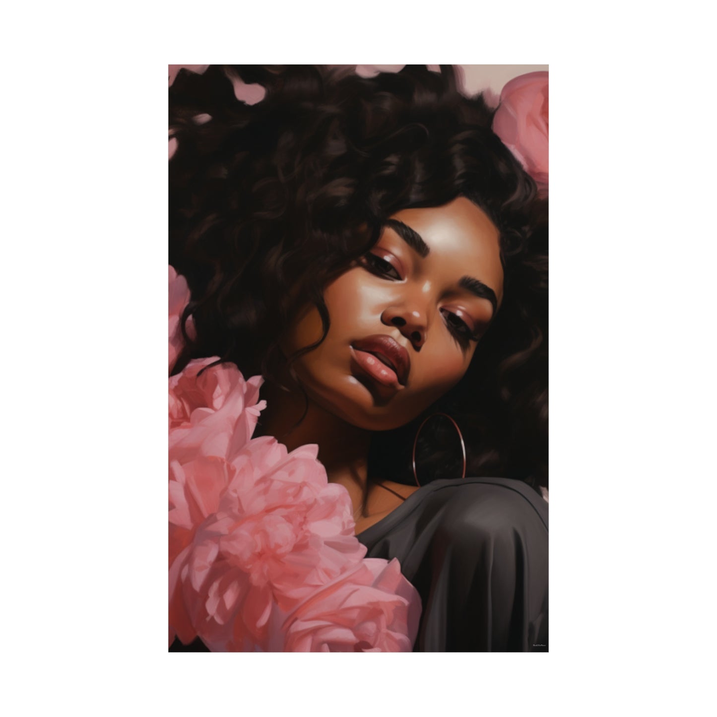 Beautiful Black Woman With Pink Flowers Vertical Poster - #1