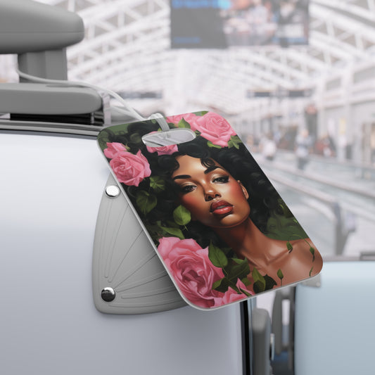 Pretty Black Woman With Pink Flowers Luggage Tag - #1