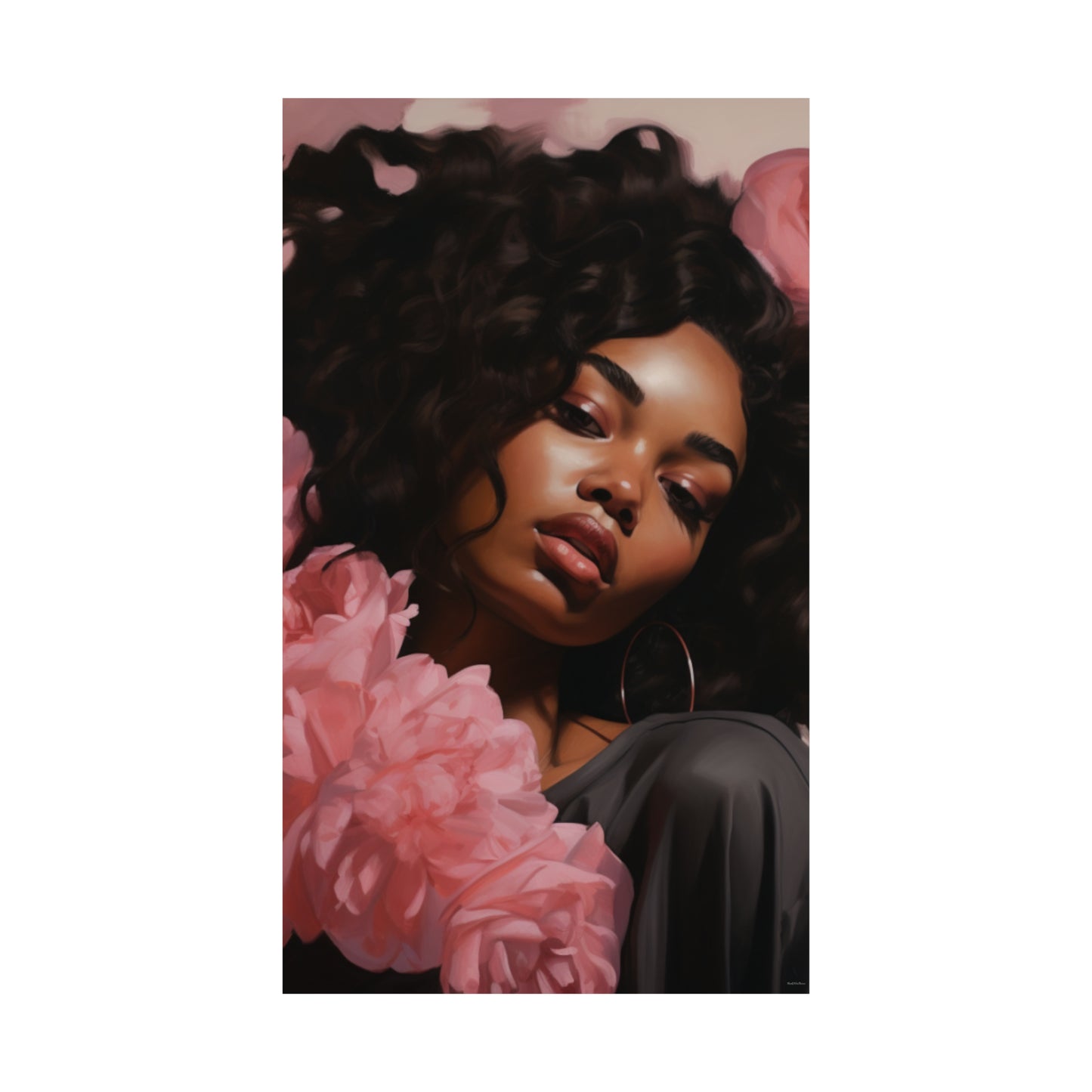 Beautiful Black Woman With Pink Flowers Vertical Poster - #1