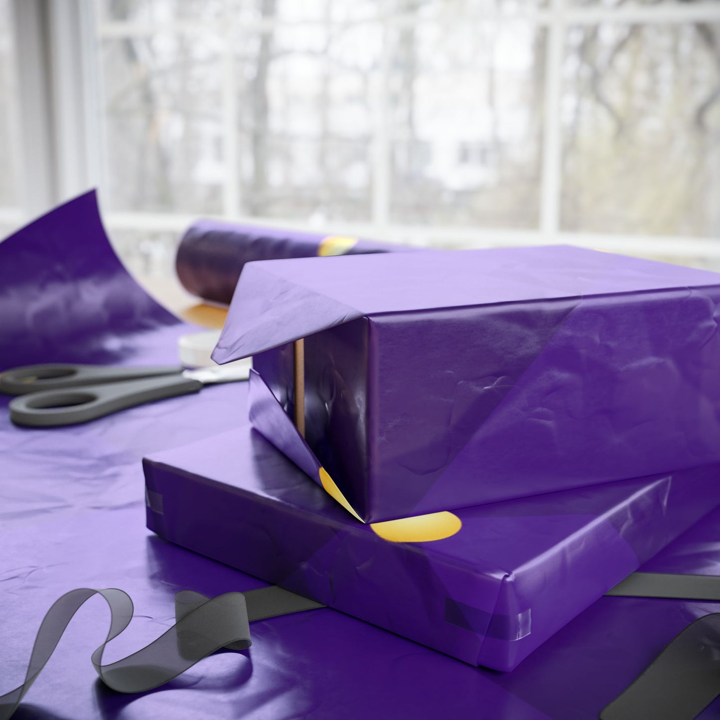 Purple With Gold Dots Wrapping Paper Roll — Metallic Gift Wrap for Holidays & Weddings