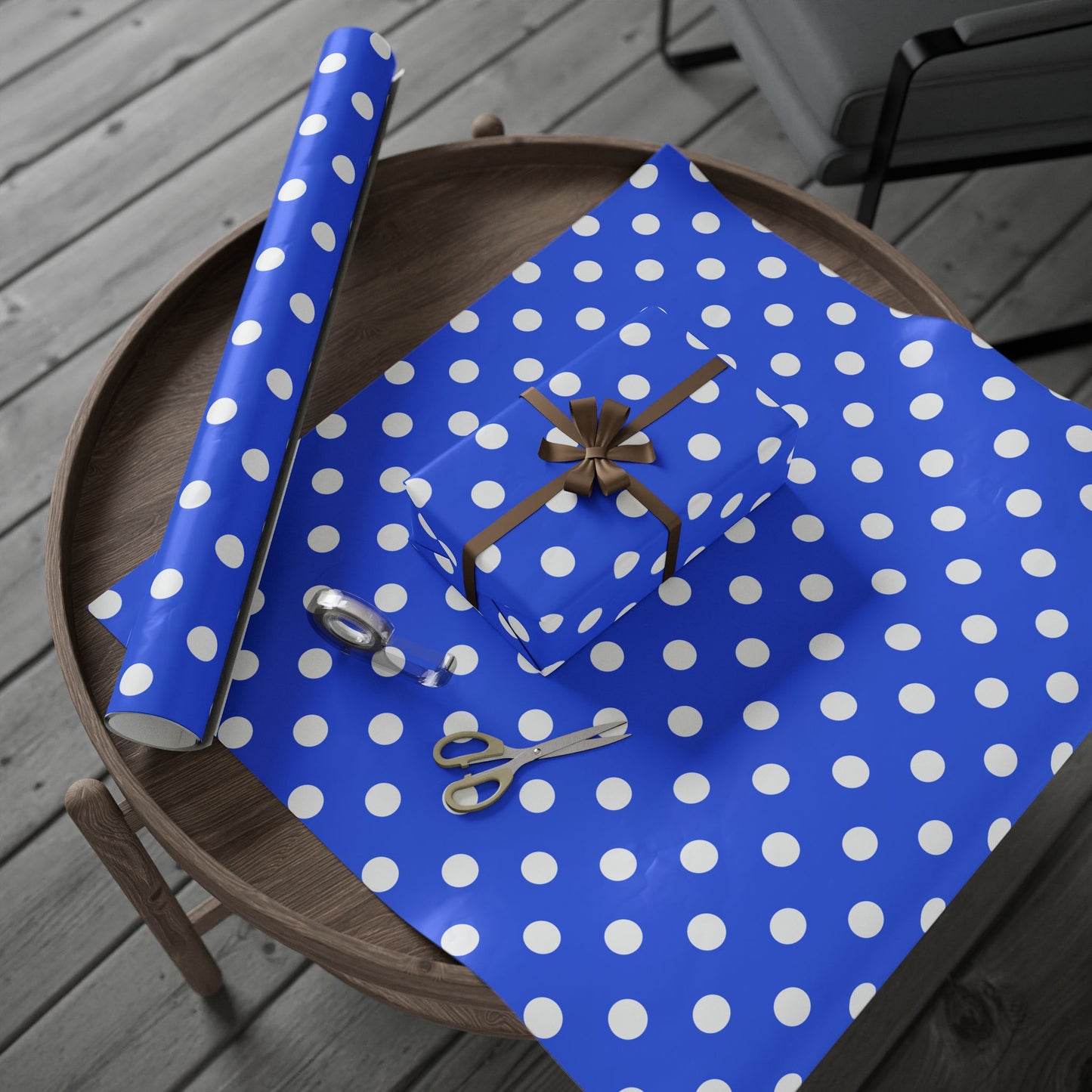 Blue and White Polka Dots Wrapping Paper Roll — Metallic Gift Wrap for Holidays & Weddings