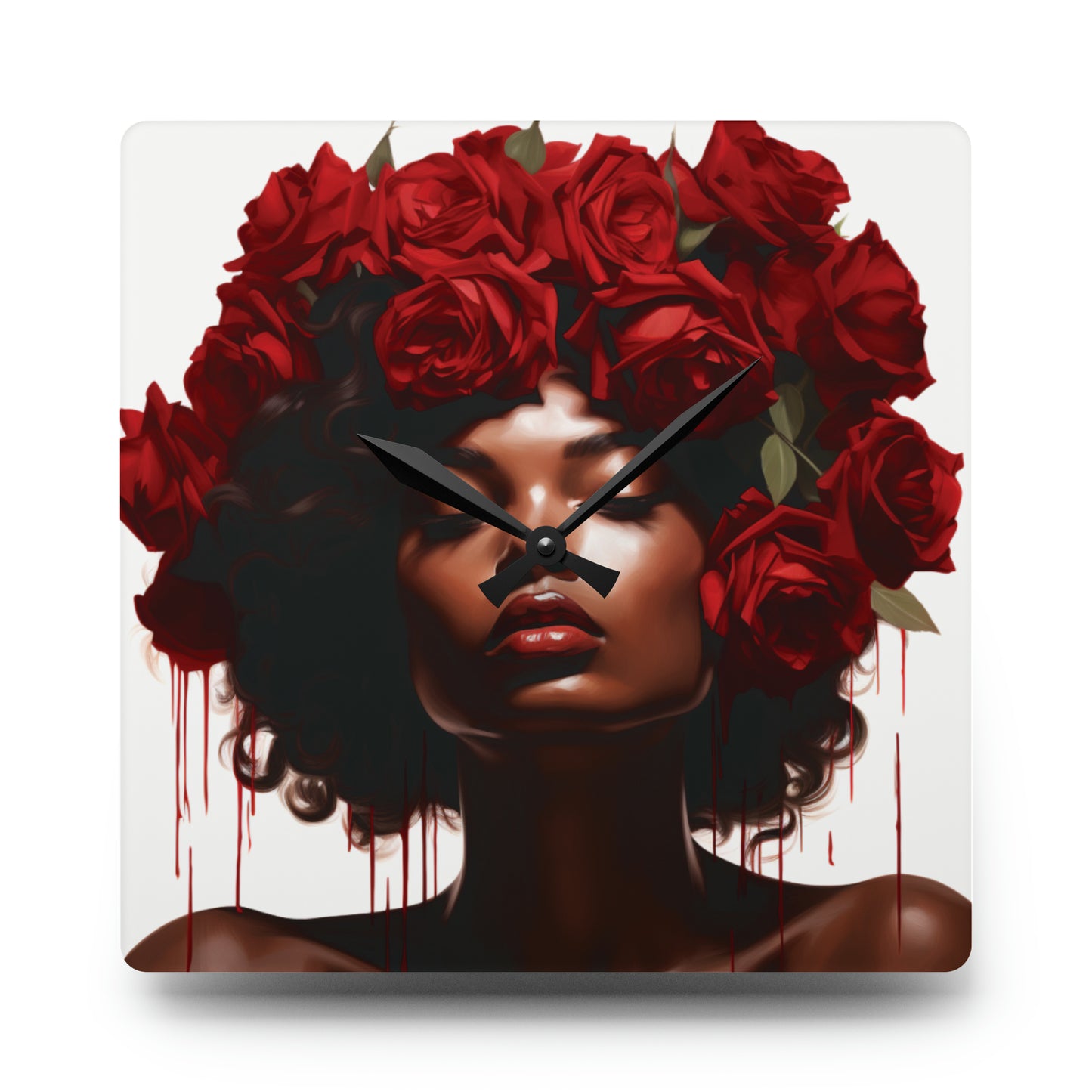 Beautiful Black Woman With Red Flowers Acrylic Wall Clock