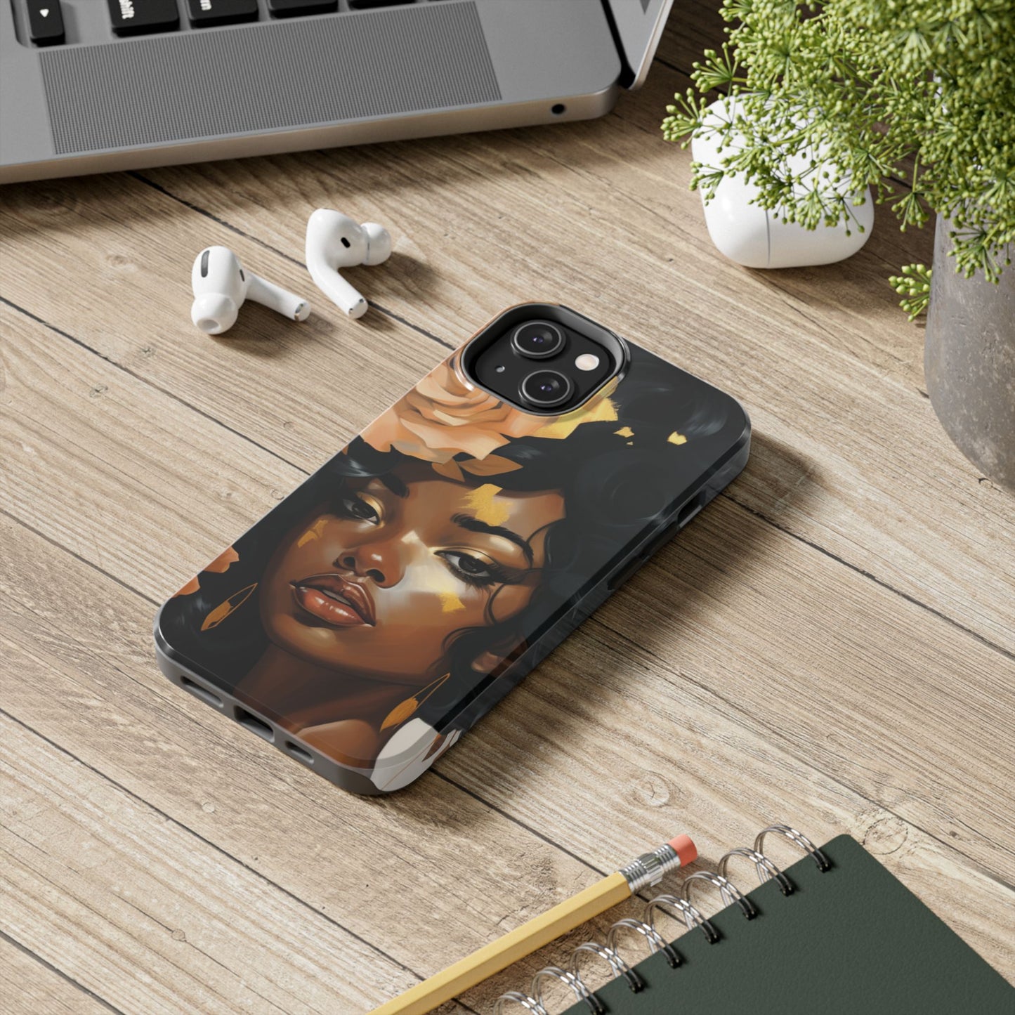 Beautiful Black Woman With Gold Flowers Tough Phone Case