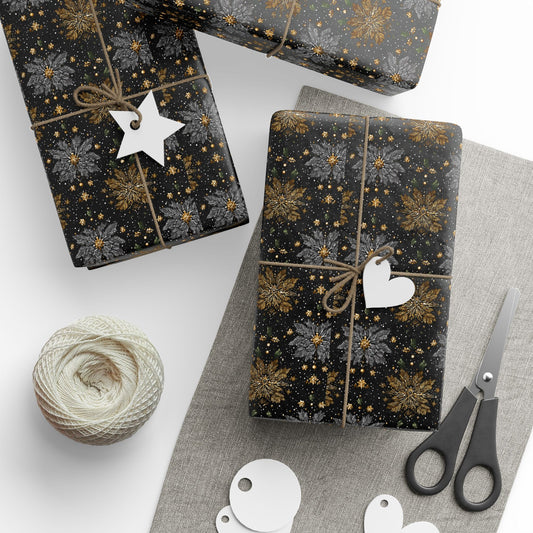 Gold Snowflakes Wrapping Paper Roll — Metallic Gift Wrap for Holidays & Weddings