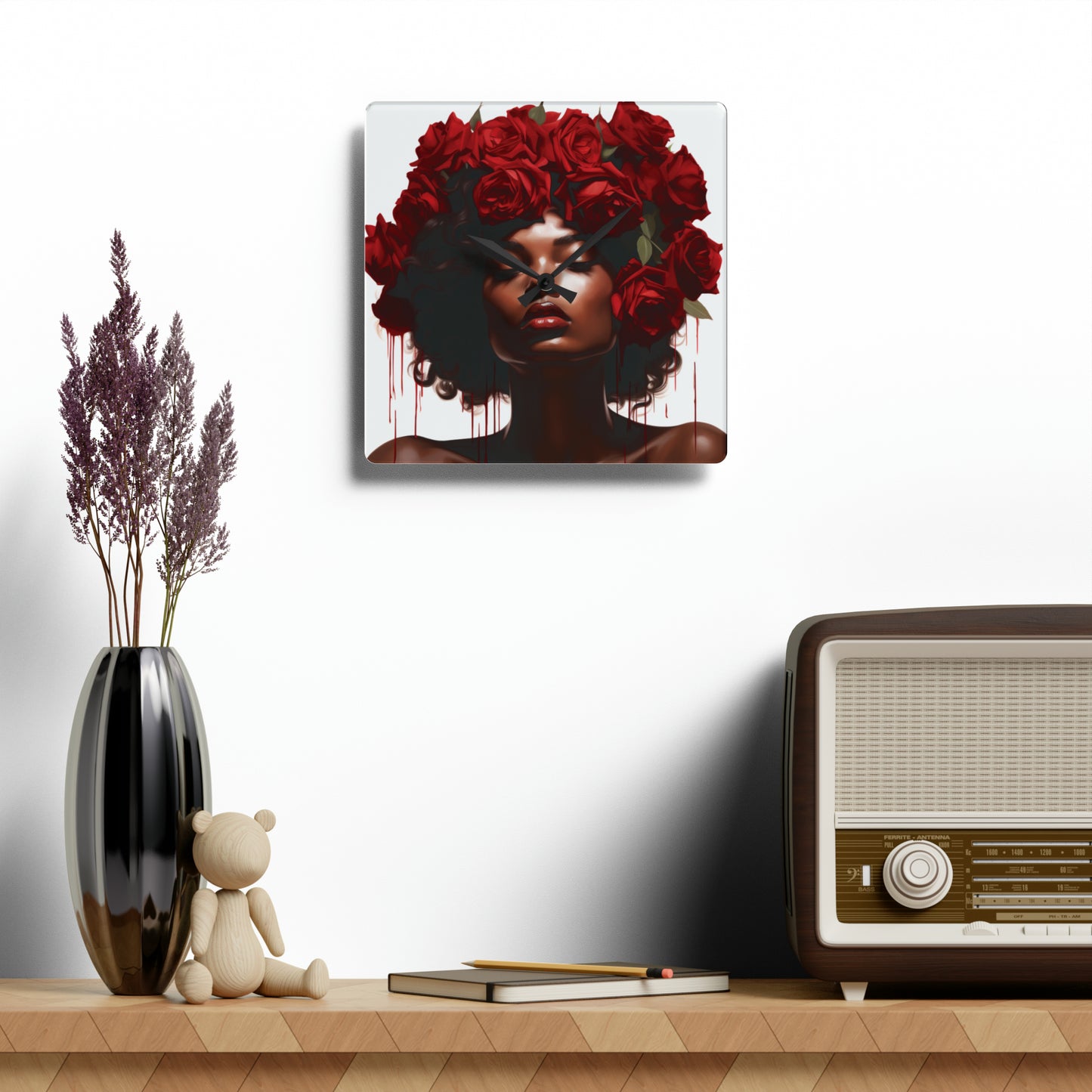 Beautiful Black Woman With Red Flowers Acrylic Wall Clock