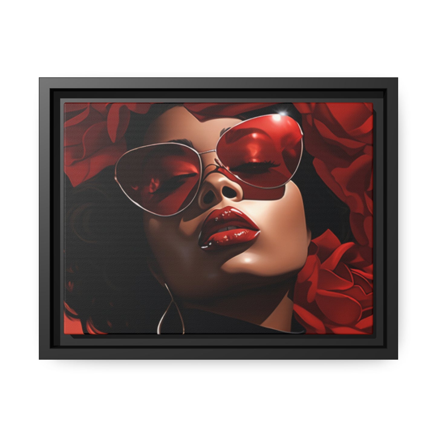 Beautiful Black Woman With Red Flowers Canvas With Black Frame