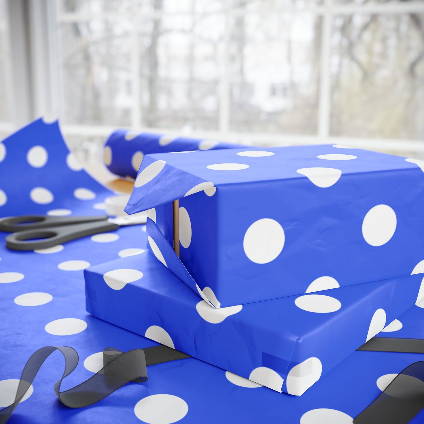 Blue and White Polka Dots Wrapping Paper Roll — Metallic Gift Wrap for Holidays & Weddings