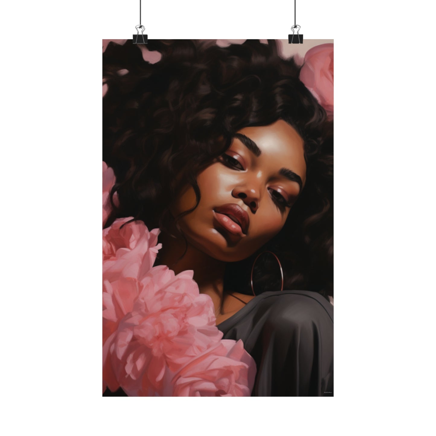 Beautiful Black Woman With Pink Flowers Vertical Poster - #1