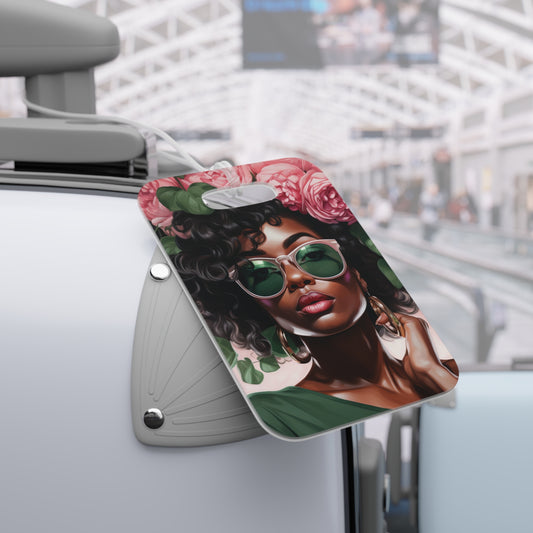 Pretty Black Woman With Pink Flowers Luggage Tag - #2