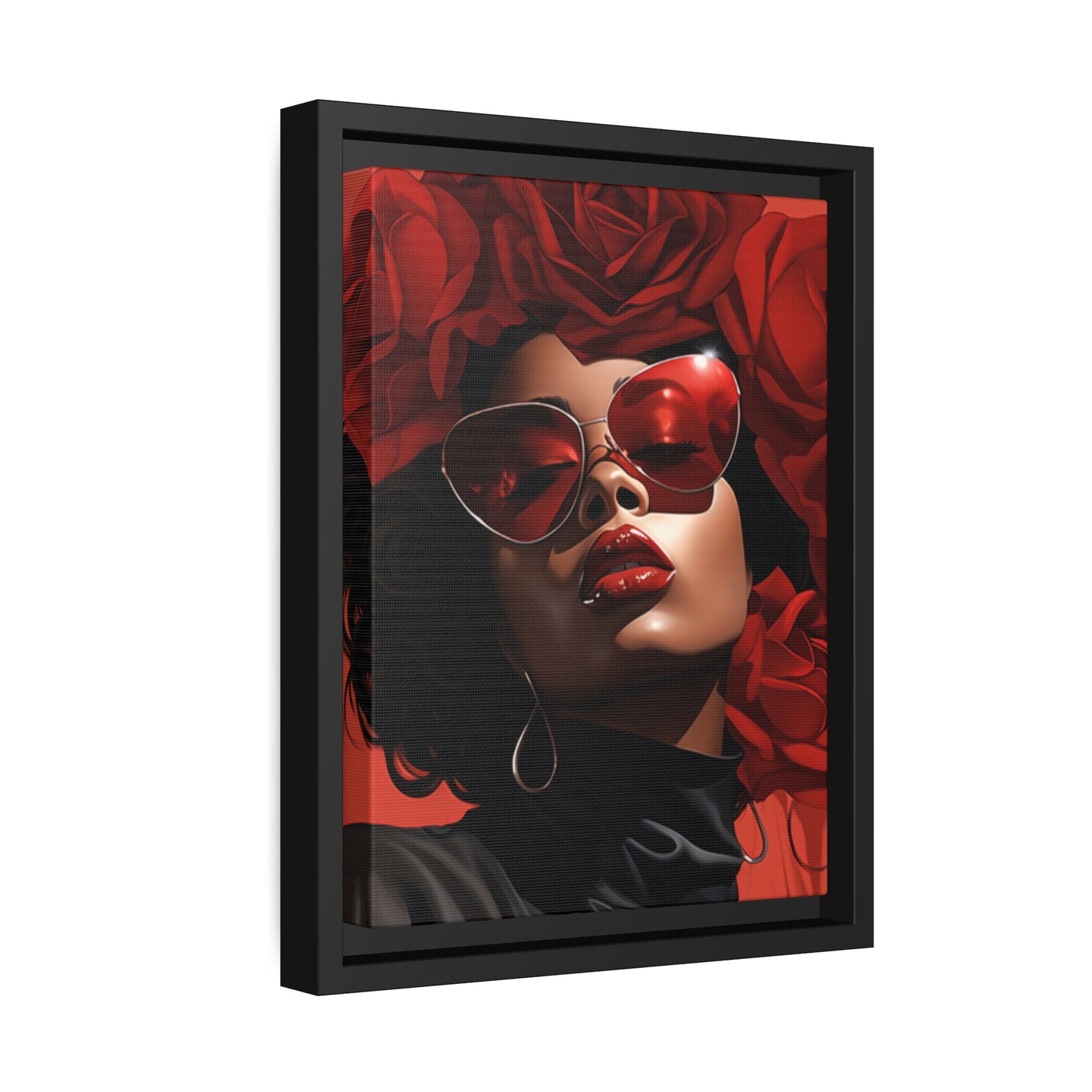 Beautiful Black Woman With Red Flowers Canvas With Black Frame