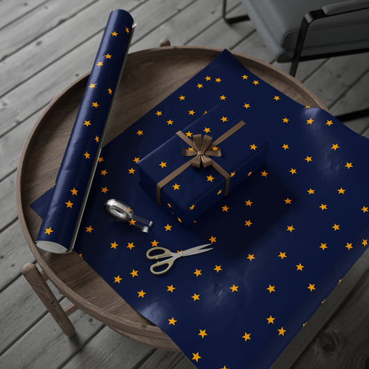 Blue With Gold Stars Wrapping Paper Roll — Metallic Gift Wrap for Holidays & Weddings