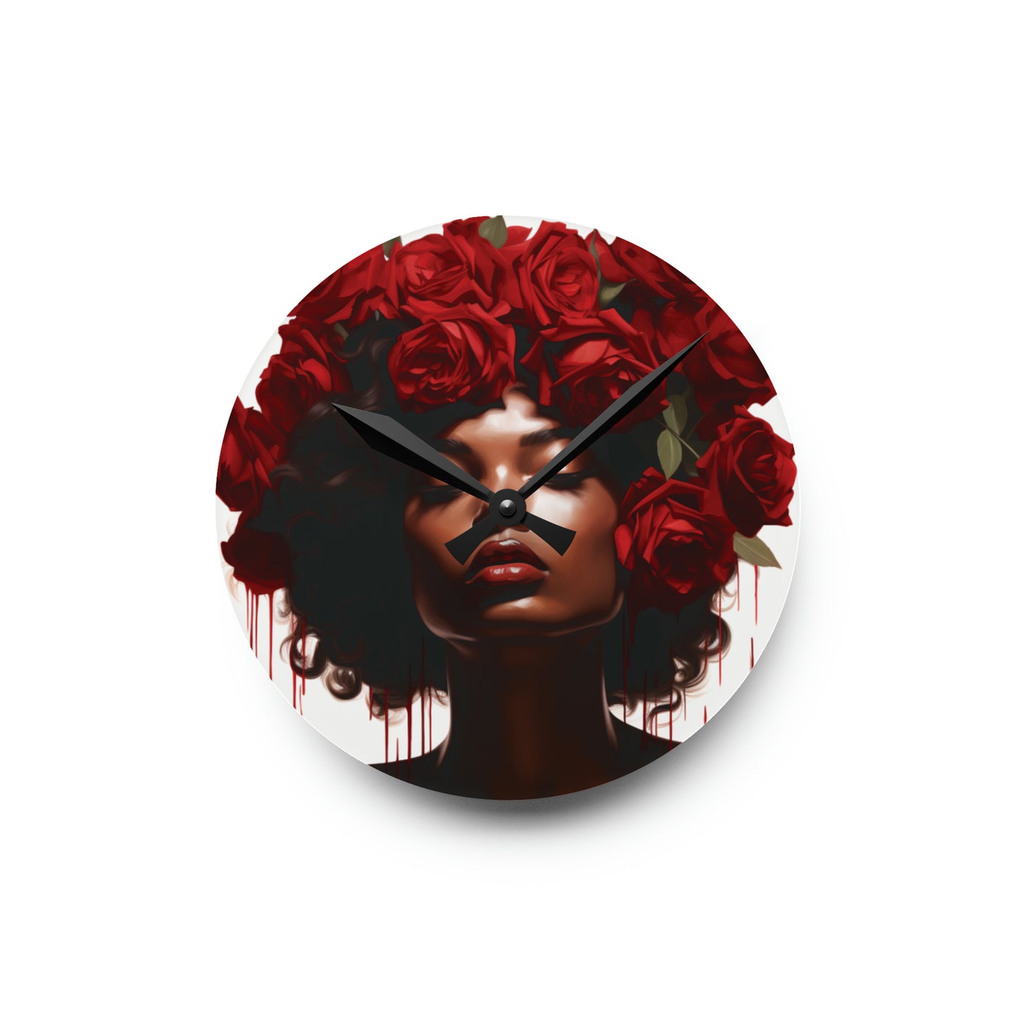 Beautiful Black Woman With Red Flowers Acrylic Wall Clock