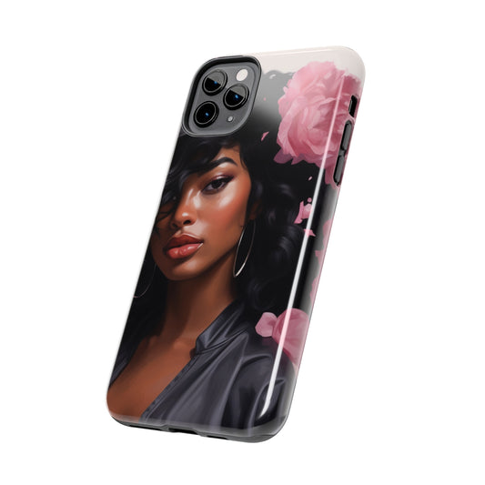 Beautiful Black Woman With Pink Flowers Tough Case For iPhone