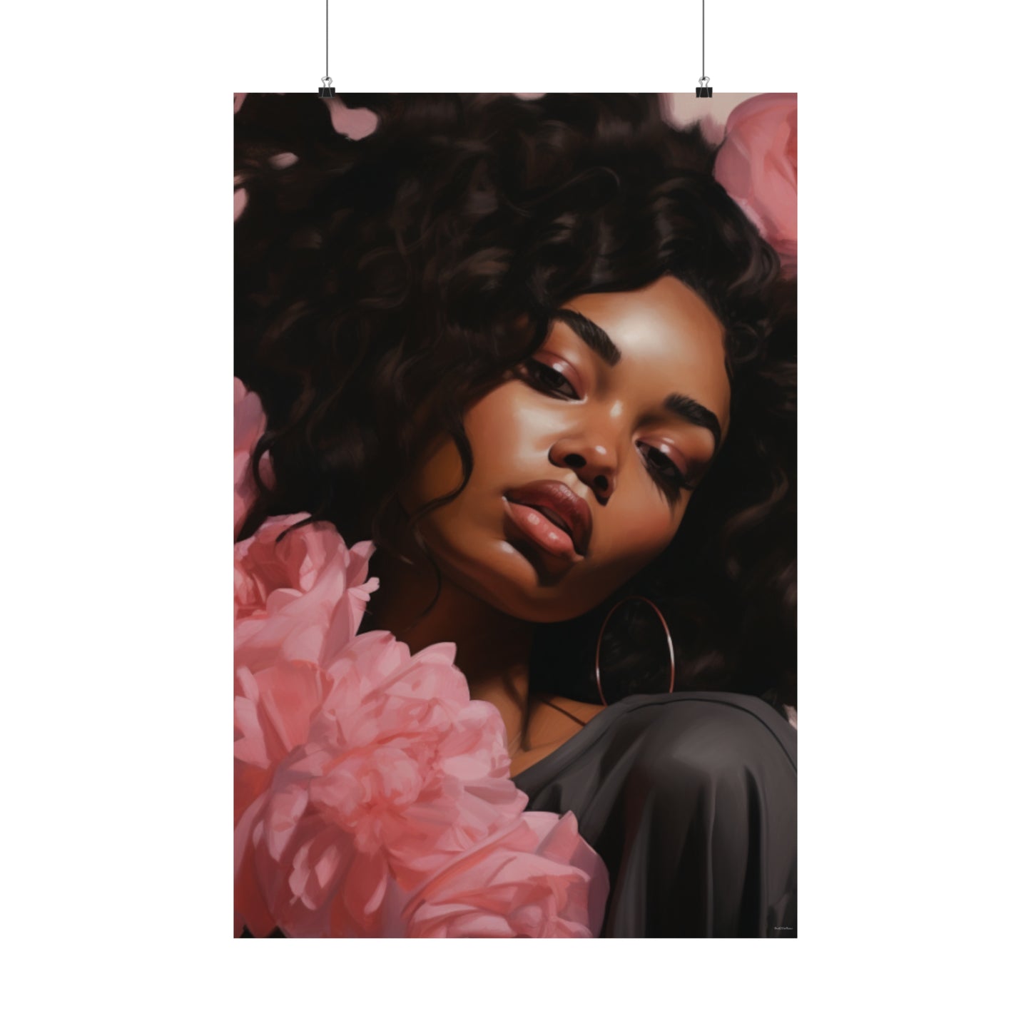 Beautiful Black Woman With Pink Flowers Vertical Poster - #1