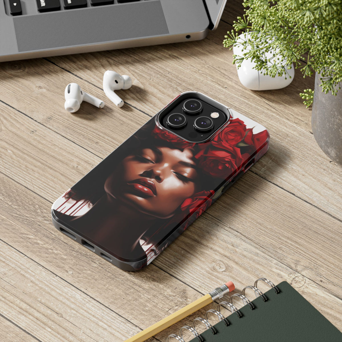 Beautiful Black Woman With Red Flowers Tough Phone Case