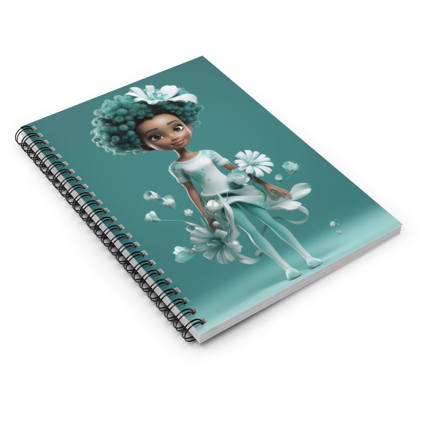 Black Fairy Girl With Turquoise Flowers Spiral Notebook (Ruled Line)