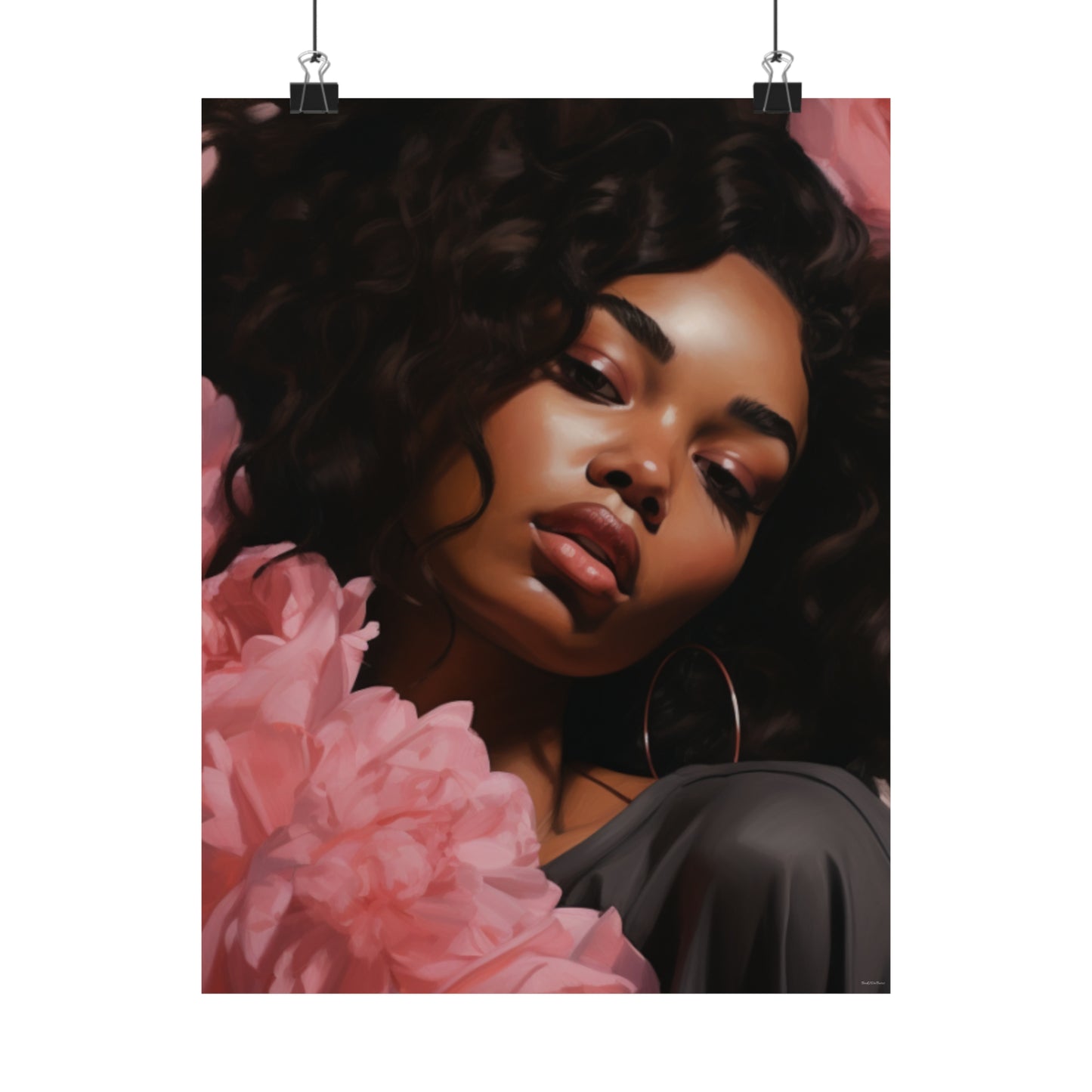 Beautiful Black Woman With Pink Flowers Vertical Poster - #1
