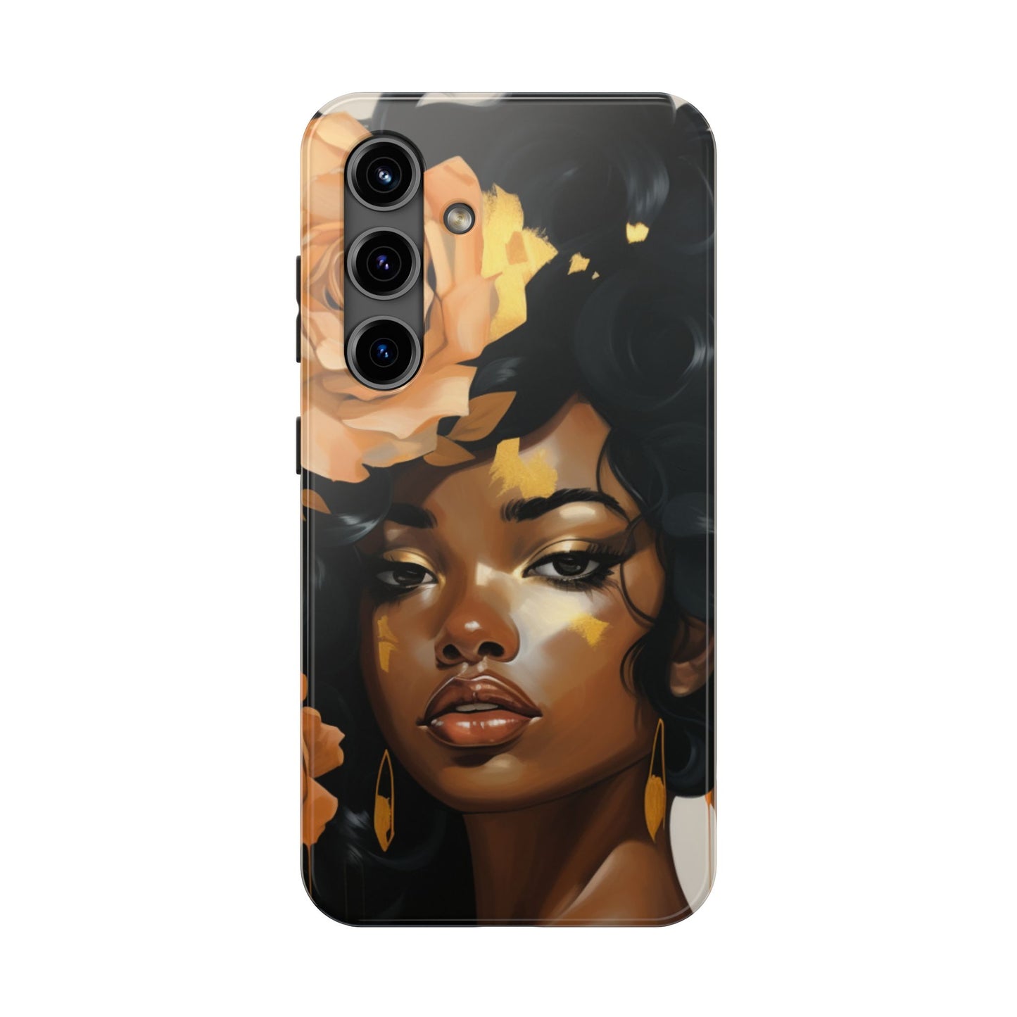 Beautiful Black Woman With Gold Flowers Tough Phone Case